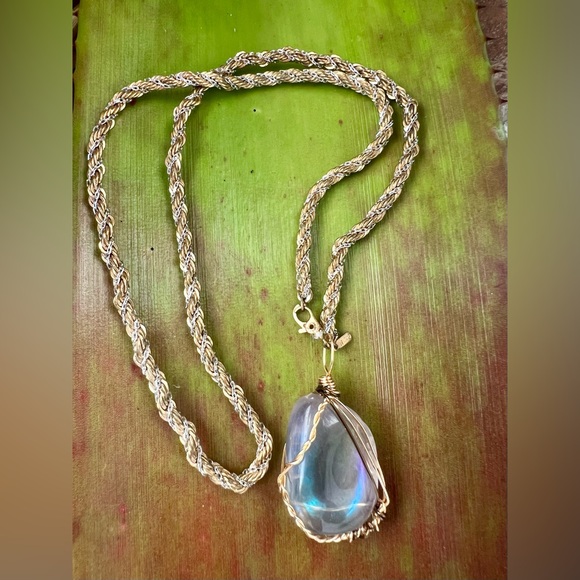 Handmade Jewelry - Aura Gemstone Wrapped Pendant w/ Vintage Monet Chain | 18"